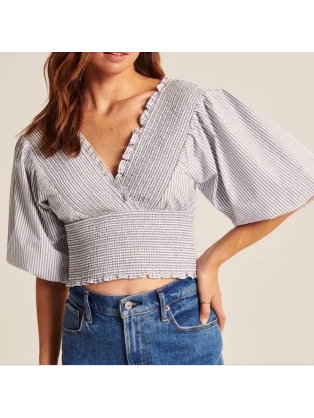 Abercrombie & Fitch Striped Smocked Puff Sleeve Top